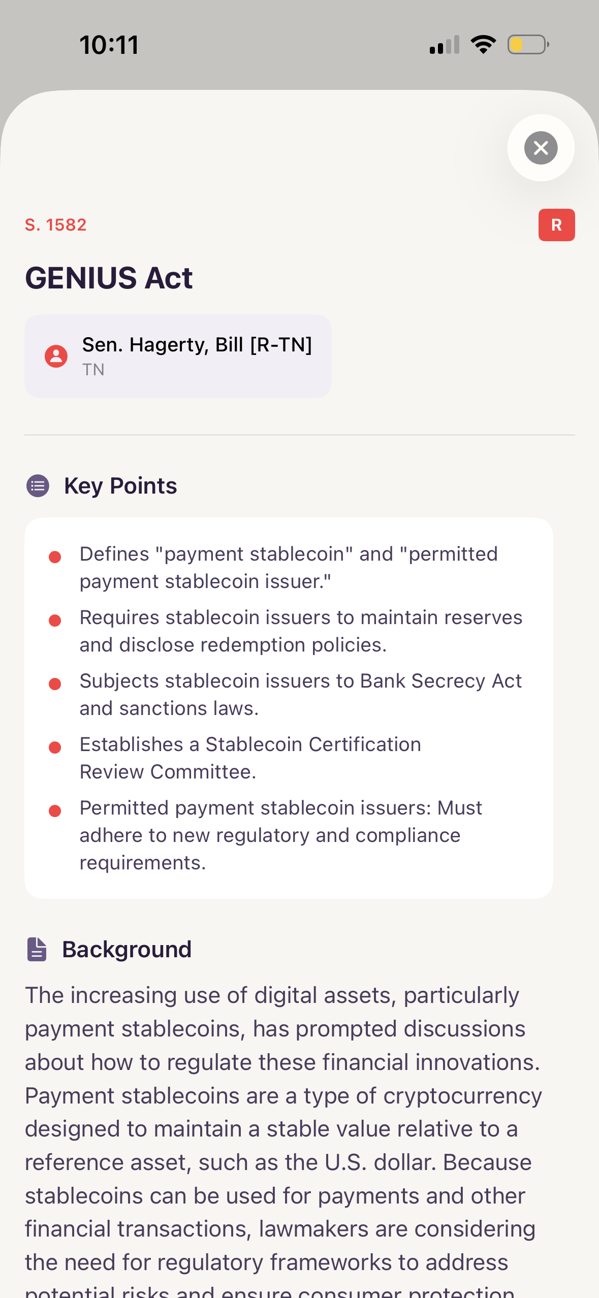 AI-powered bill summary screen showing simplified legislation breakdown