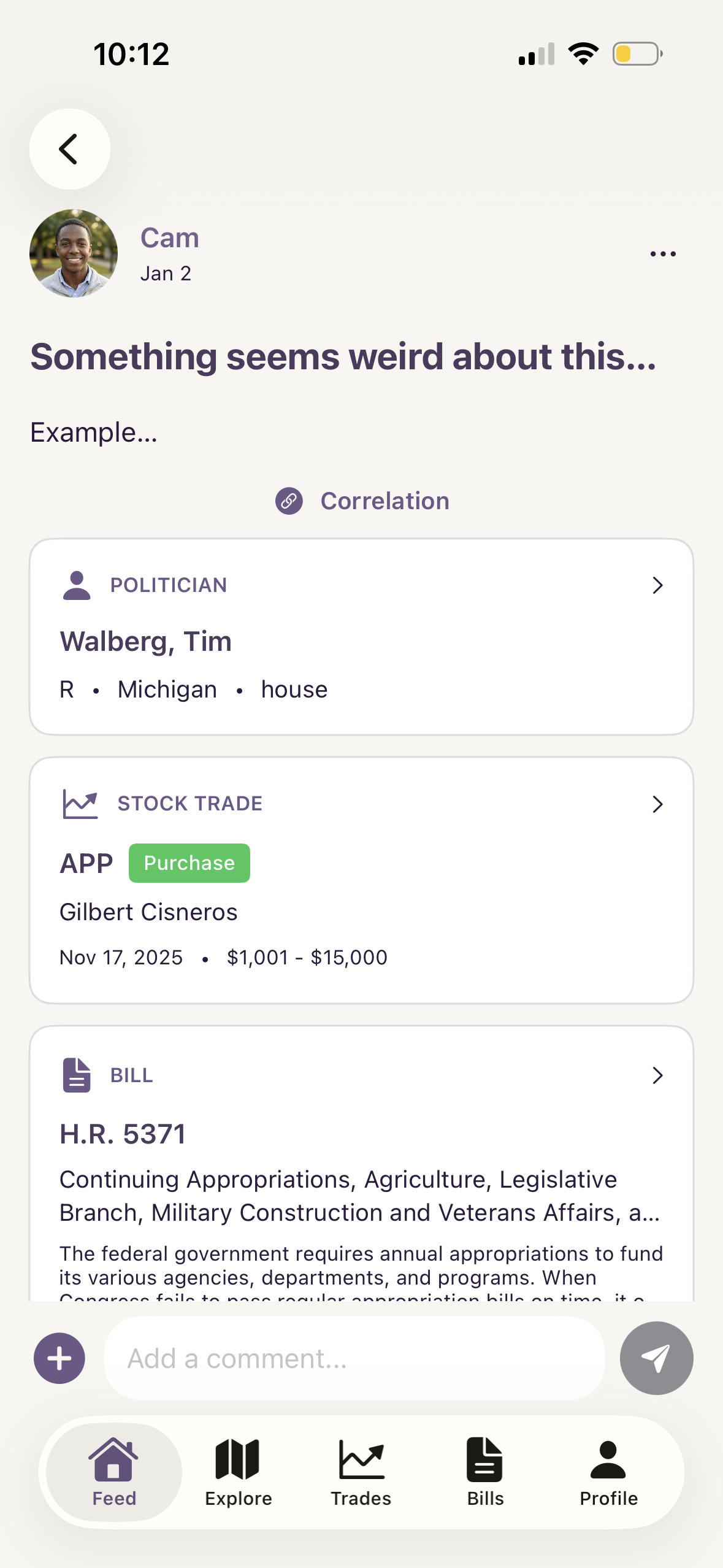 Correlations social post screen linking politicians and trades