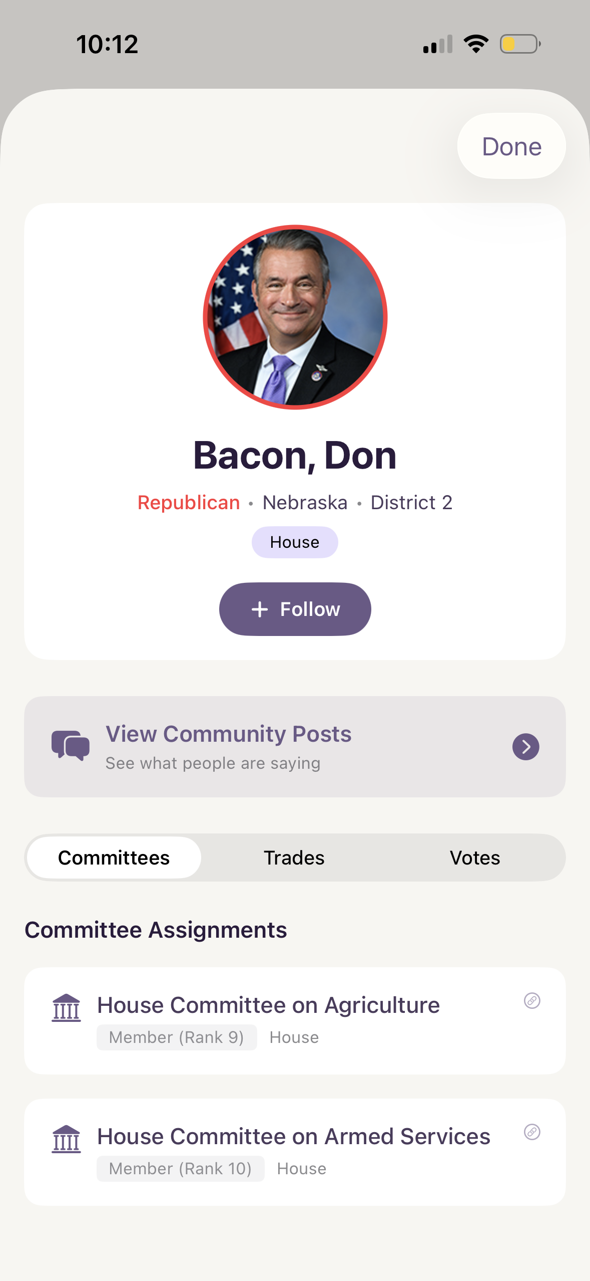 Politician profile showing committee assignments and community commentary